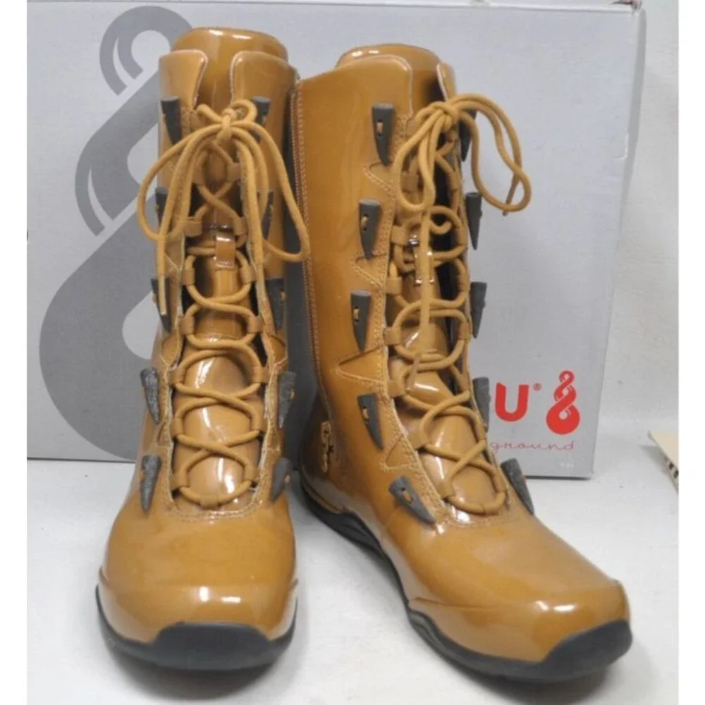 Ahnu Womens Patent Leather Boots Shoes Brown Side Zip Lace Up Size 9